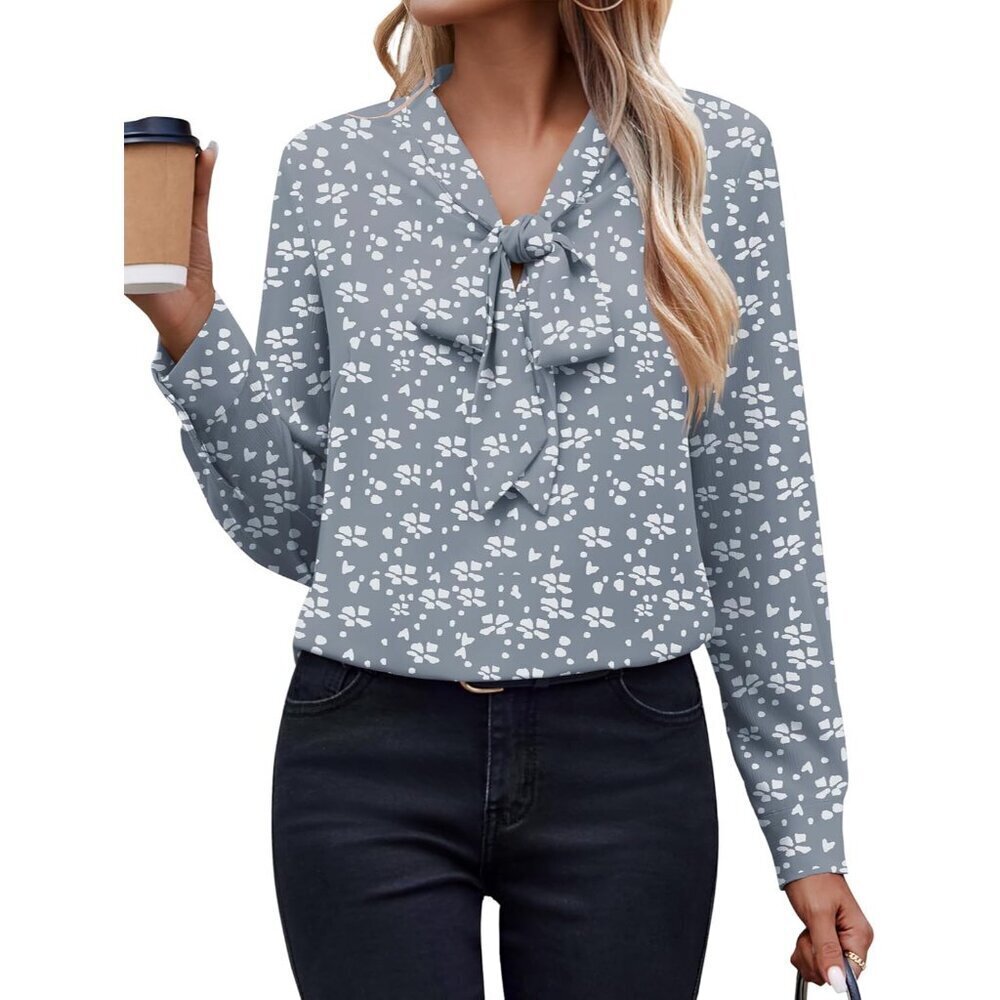 Women's Chiffon Blouse Long Sleeve Bow Tie V-Neck Casual Work Top